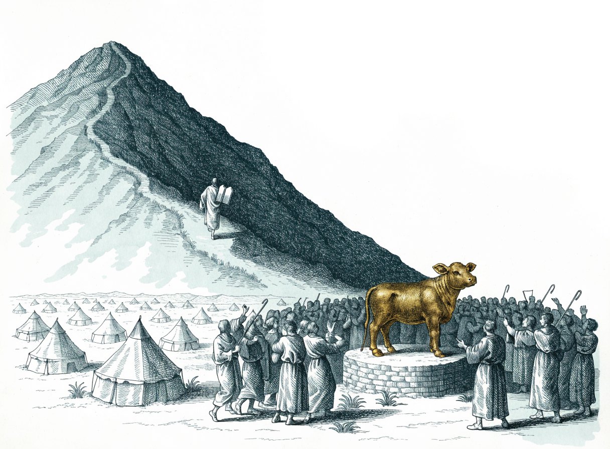 A golden calf on a pedestal in a desert camp with a crowd dancing around it, while a lone figure carrying stone tablets descends the mountain above