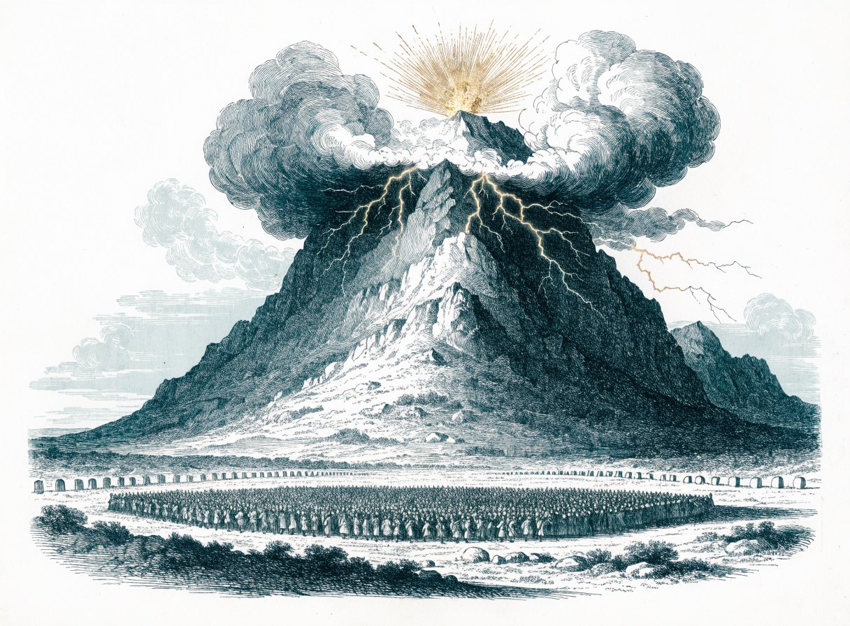 A great desert mountain wrapped in smoke and cloud with lightning and fire at its summit, while a vast crowd stands far below behind a line of boundary stones