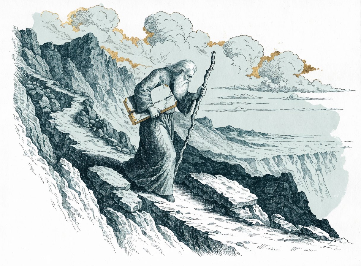 An old man with a white beard and a staff walking down a rocky mountain path carrying two stone tablets