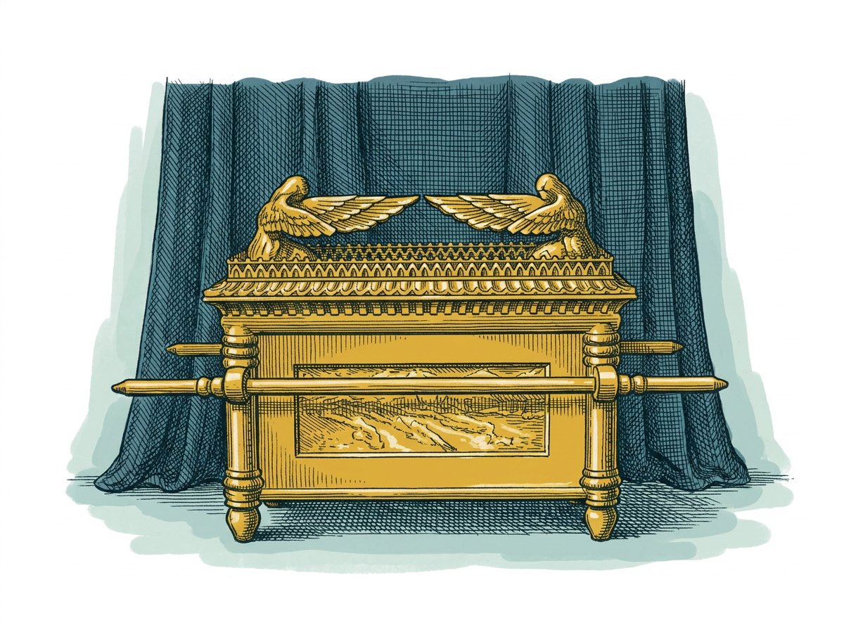 A gold-covered chest with carrying poles and two golden cherubim on its lid facing each other with wings stretched forward, in a dark curtained room