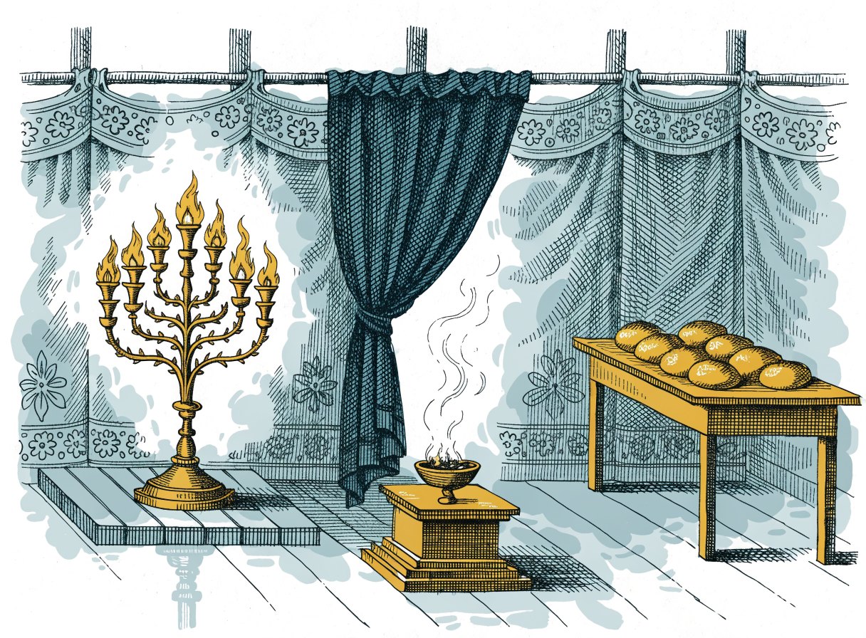 Inside a tent sanctuary: a golden seven-branched lampstand, a golden table with twelve loaves in two rows, and a small golden altar of incense with smoke rising before a heavy curtain