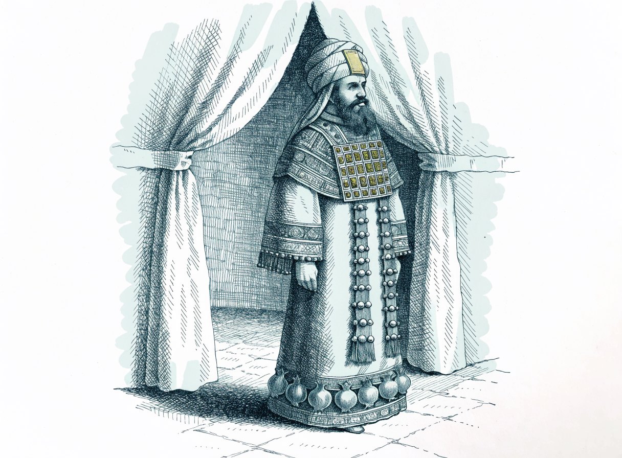 An ancient Israelite high priest in an embroidered robe, a decorated vest, a breastpiece with twelve gemstones, and a turban with a gold plate