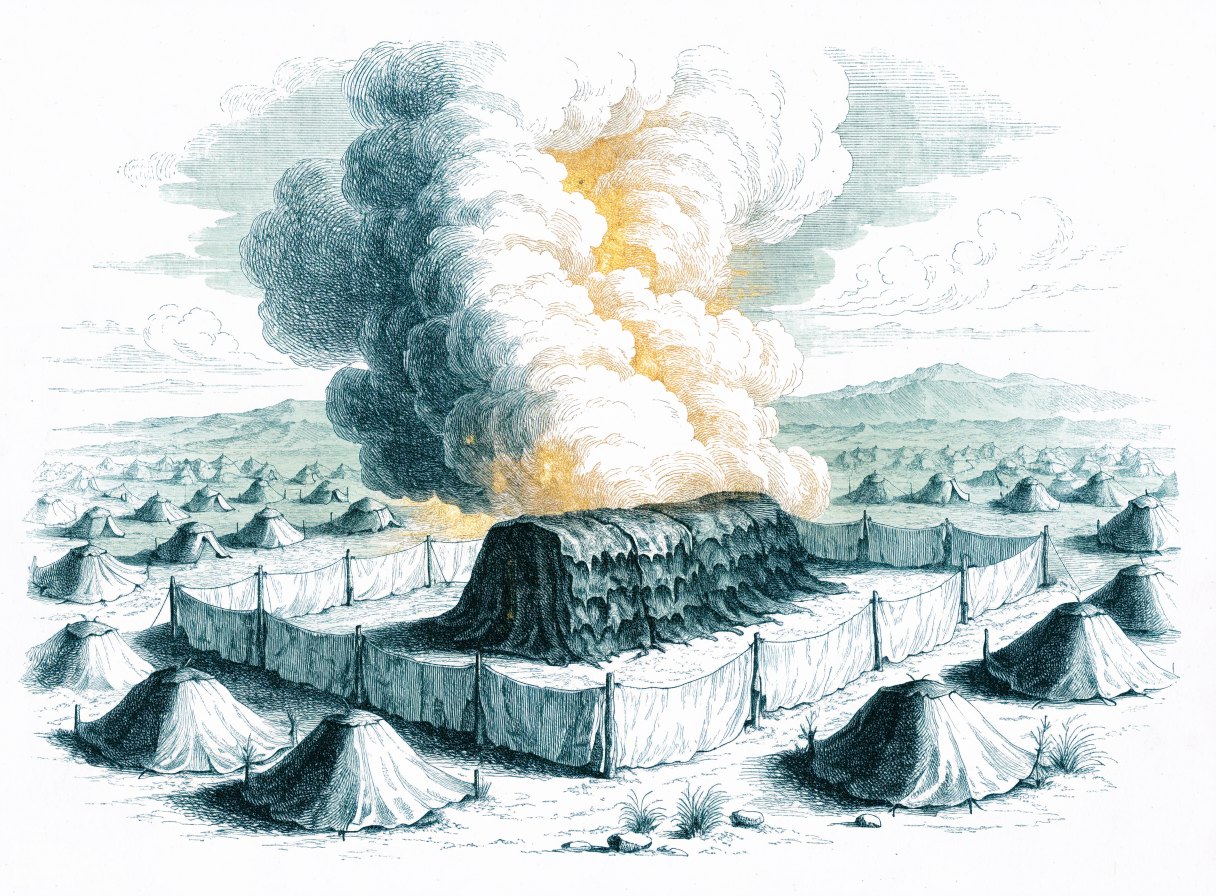 A large tent within a courtyard of white linen curtains in the middle of a vast desert camp, with a great glowing column of cloud resting above it