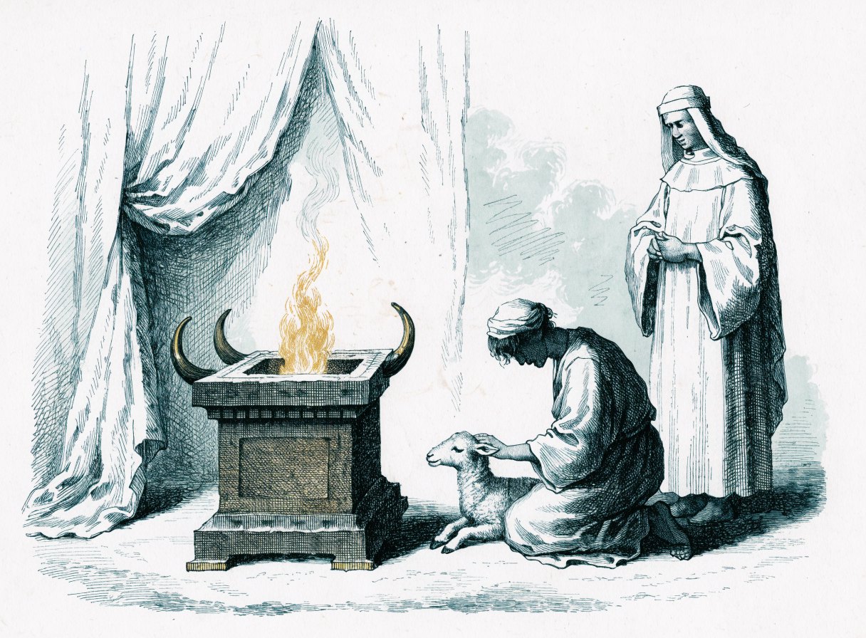 An Israelite man kneels and rests his hand on the head of a young lamb beside a horned altar with fire on it, while a priest in white stands nearby