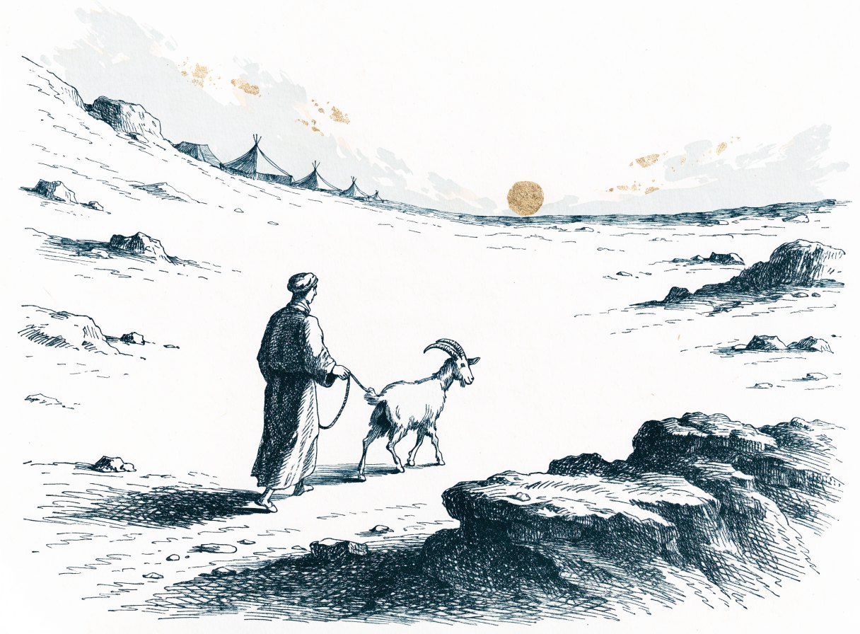 A man leads a single goat on a rope away from a distant tent camp into an empty rocky desert under a low sun