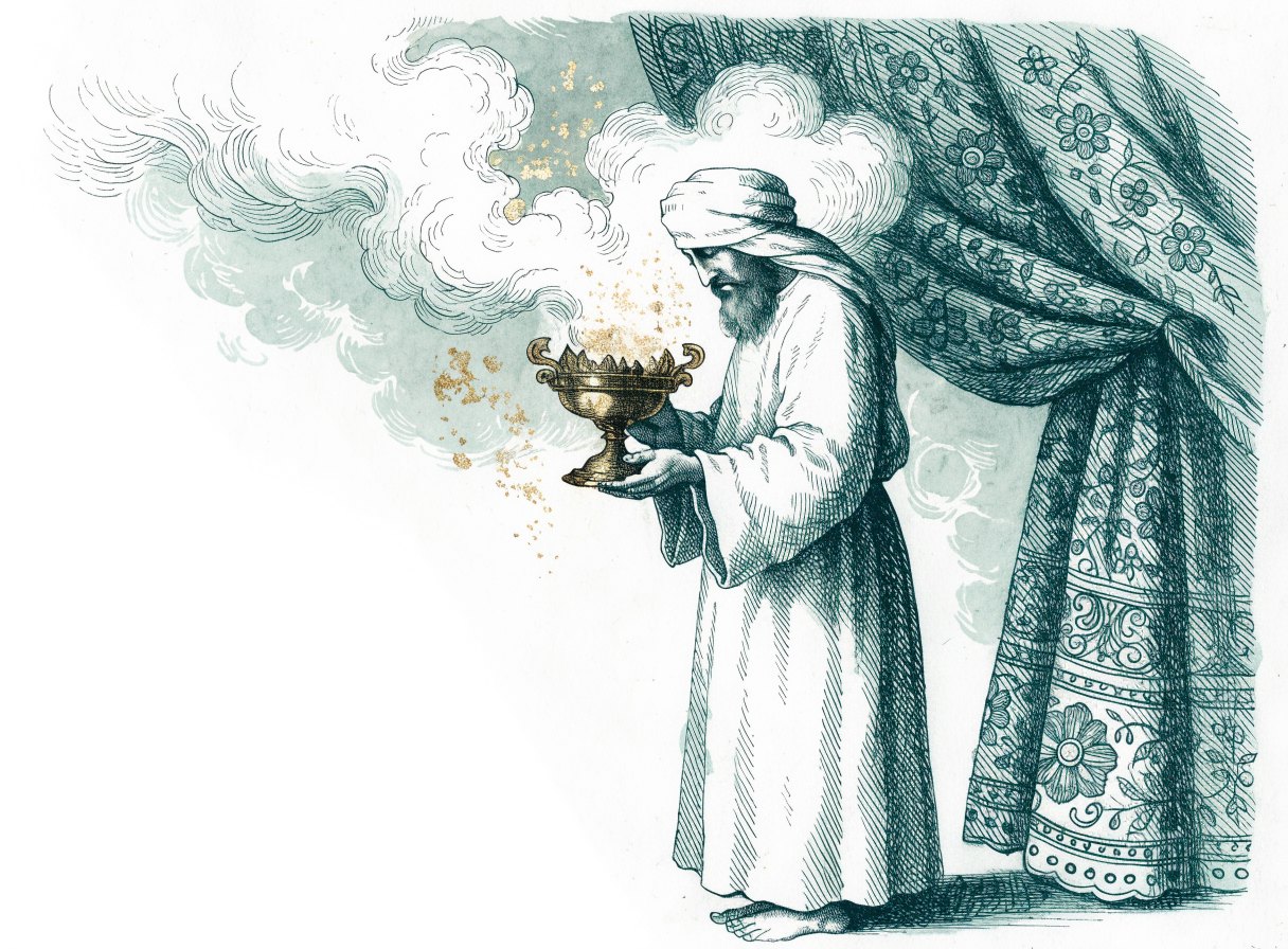 A barefoot high priest in a plain white linen robe and turban, head bowed, holds a golden censer as incense smoke rises beside a heavy embroidered curtain