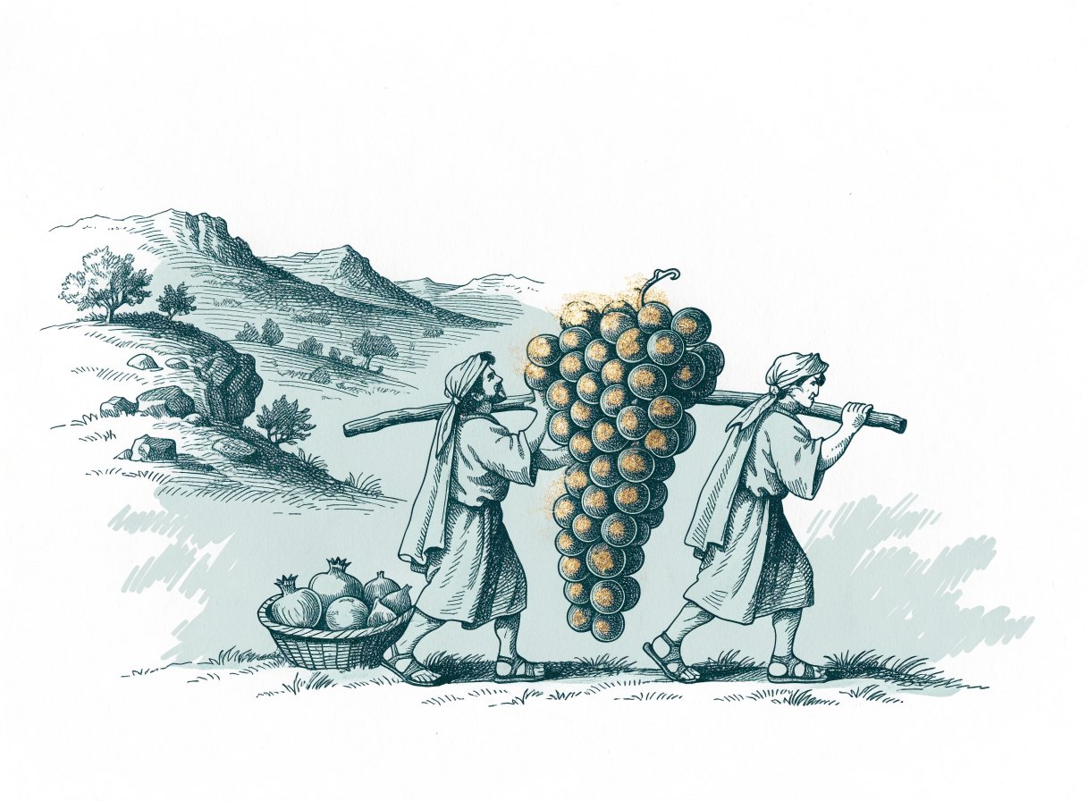 Two men walk out of green hill country carrying an enormous cluster of grapes on a pole between them, with a basket of pomegranates nearby