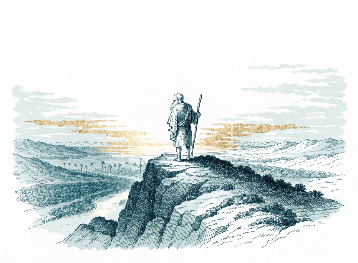 An old man with a staff stands alone on a rocky mountain summit looking out over a wide valley with a river and a city of palm trees in the distance