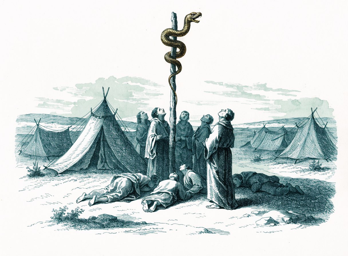 In a desert camp of tents, people stand and lie on the ground looking up at a bronze serpent coiled around the top of a tall pole