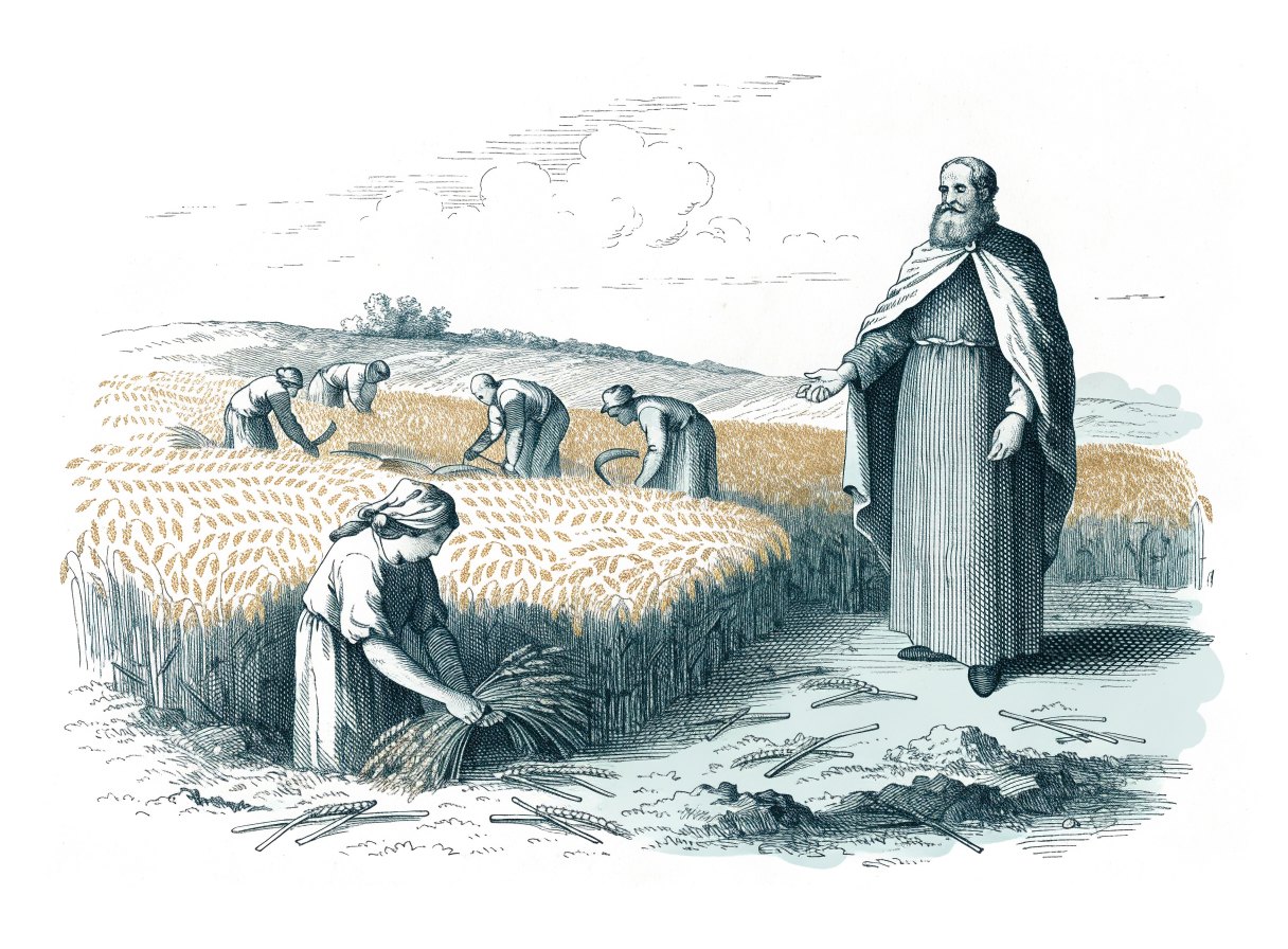 A young woman gathers fallen barley stalks in a harvest field while a dignified bearded landowner stands nearby watching kindly