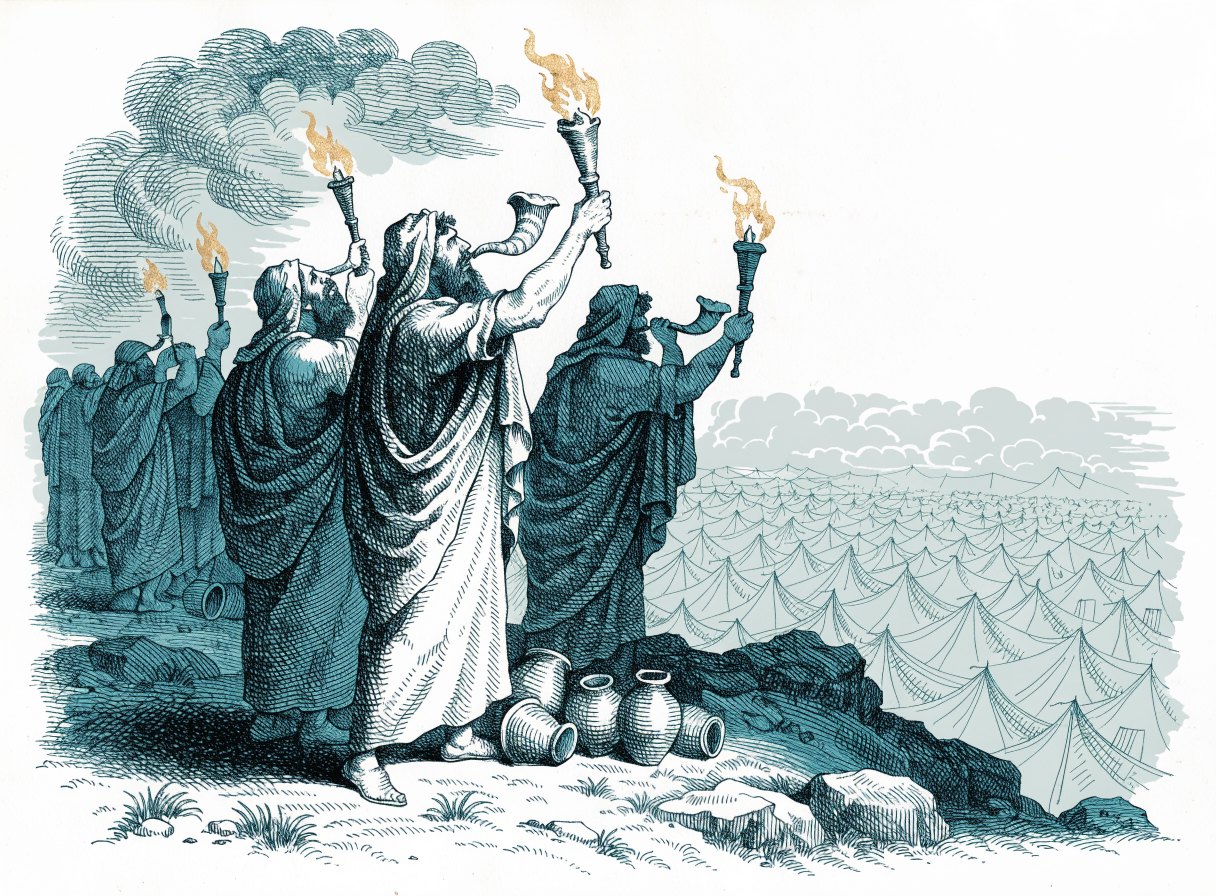 At night on a hillside above an enemy camp, a small band of men hold up blazing torches and blow horns, with broken clay jars at their feet