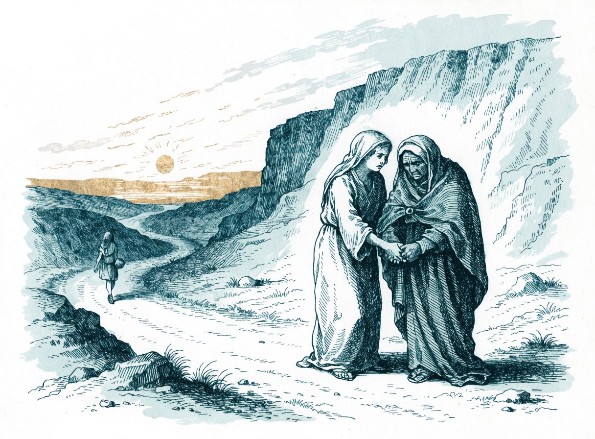 On a winding road through rocky hills, a young woman holds the hands of an older widow while another young woman walks away in the distance