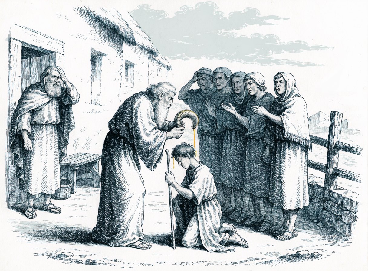 An old bearded prophet pours oil from a ram's horn over the head of a kneeling shepherd boy while his father and older brothers watch in surprise