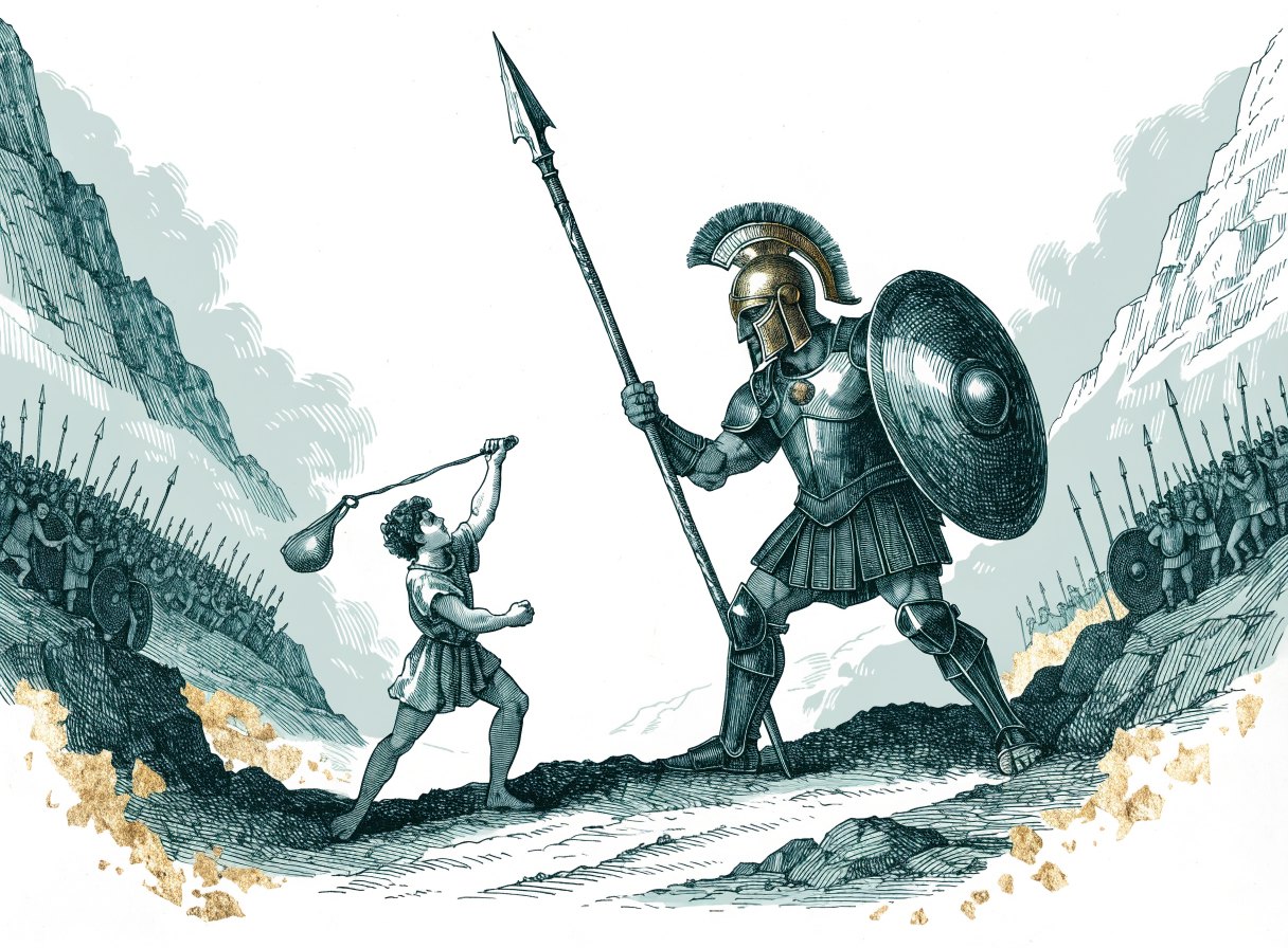 In a valley between two hillsides of watching soldiers, a young shepherd swings a sling at a giant warrior in bronze armor holding a huge spear and shield