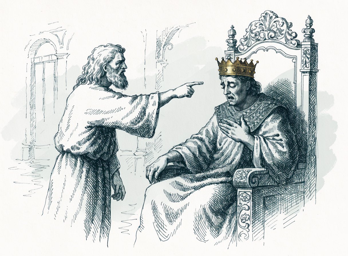 An old prophet points his finger at a crowned king seated on his throne, the king's hand on his chest and his face stricken