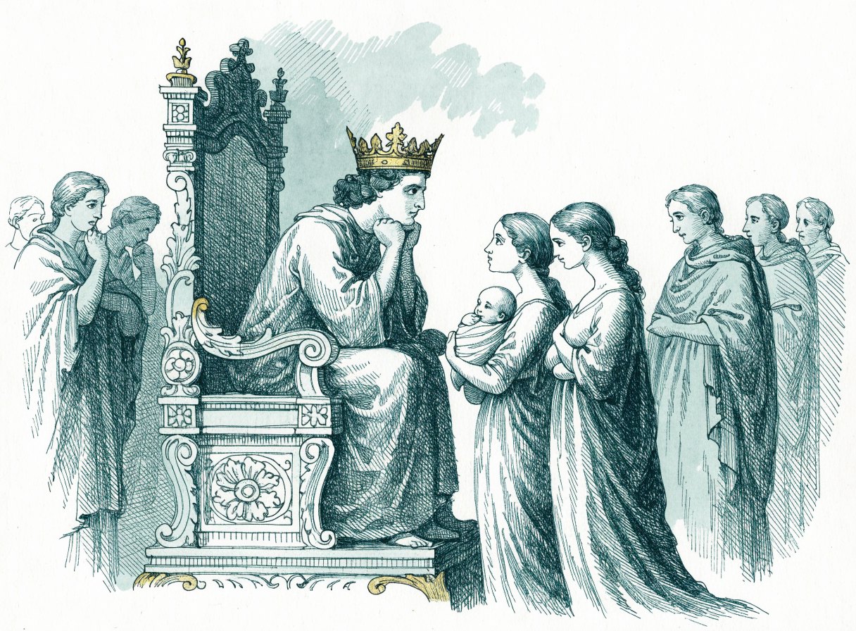 A young crowned king sits thoughtfully on his throne while a young woman holding a swaddled baby stands before him with another woman beside her