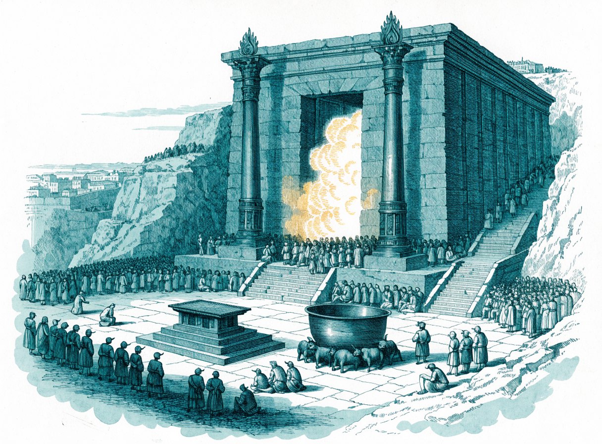 A great stone temple on a hilltop with two tall bronze pillars at its porch, a bright cloud filling the doorway, and crowds in the courtyard around a bronze altar and a huge basin on bronze oxen