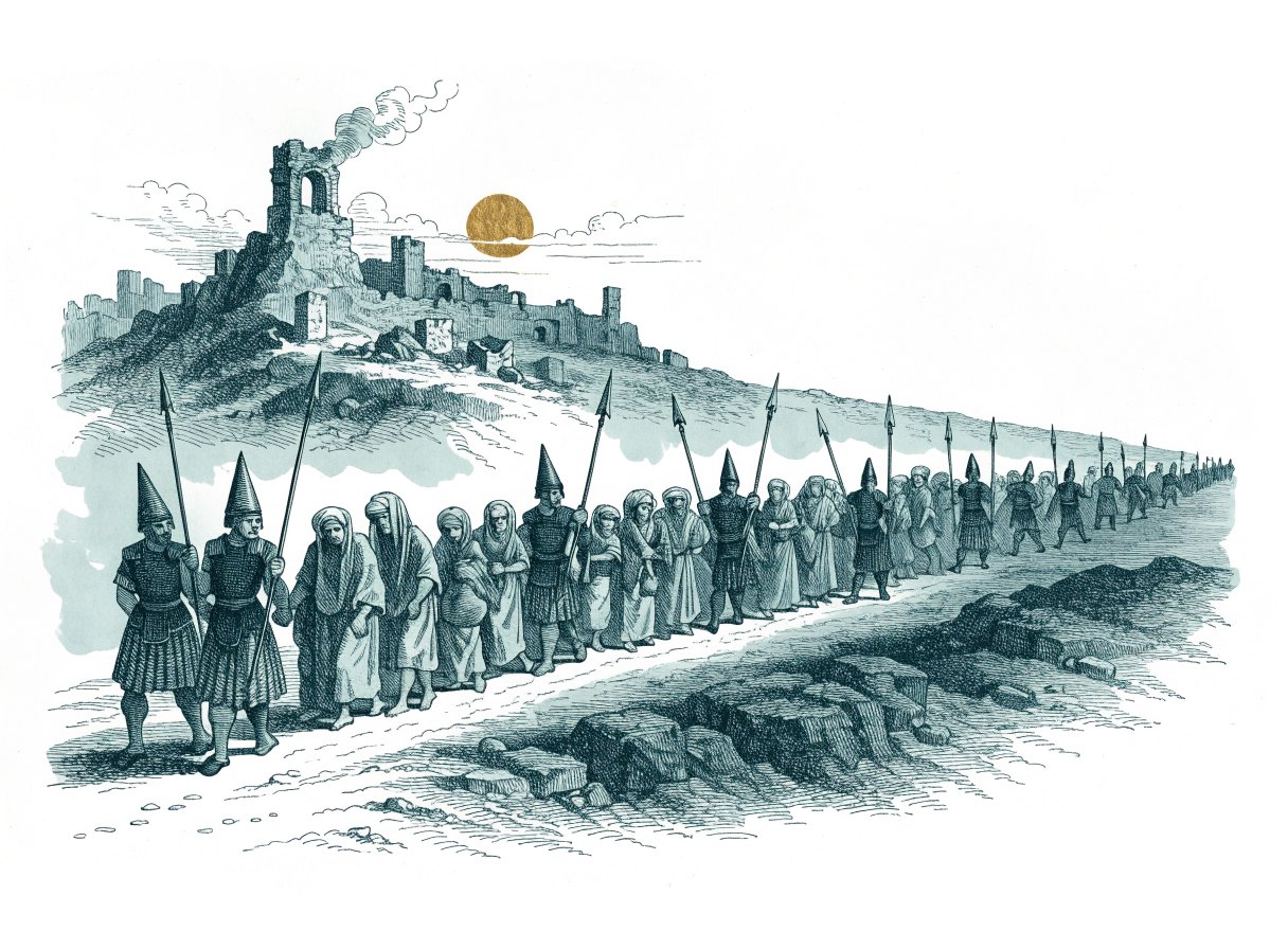 A long line of captives with bundles walks away from a ruined hilltop city with smoke rising, guarded by soldiers with pointed helmets and spears