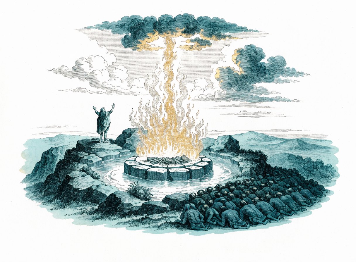 Fire falls from the sky onto a circular stone altar surrounded by a water-filled trench on a mountaintop, while a lone prophet raises his arms and a great crowd bows to the ground