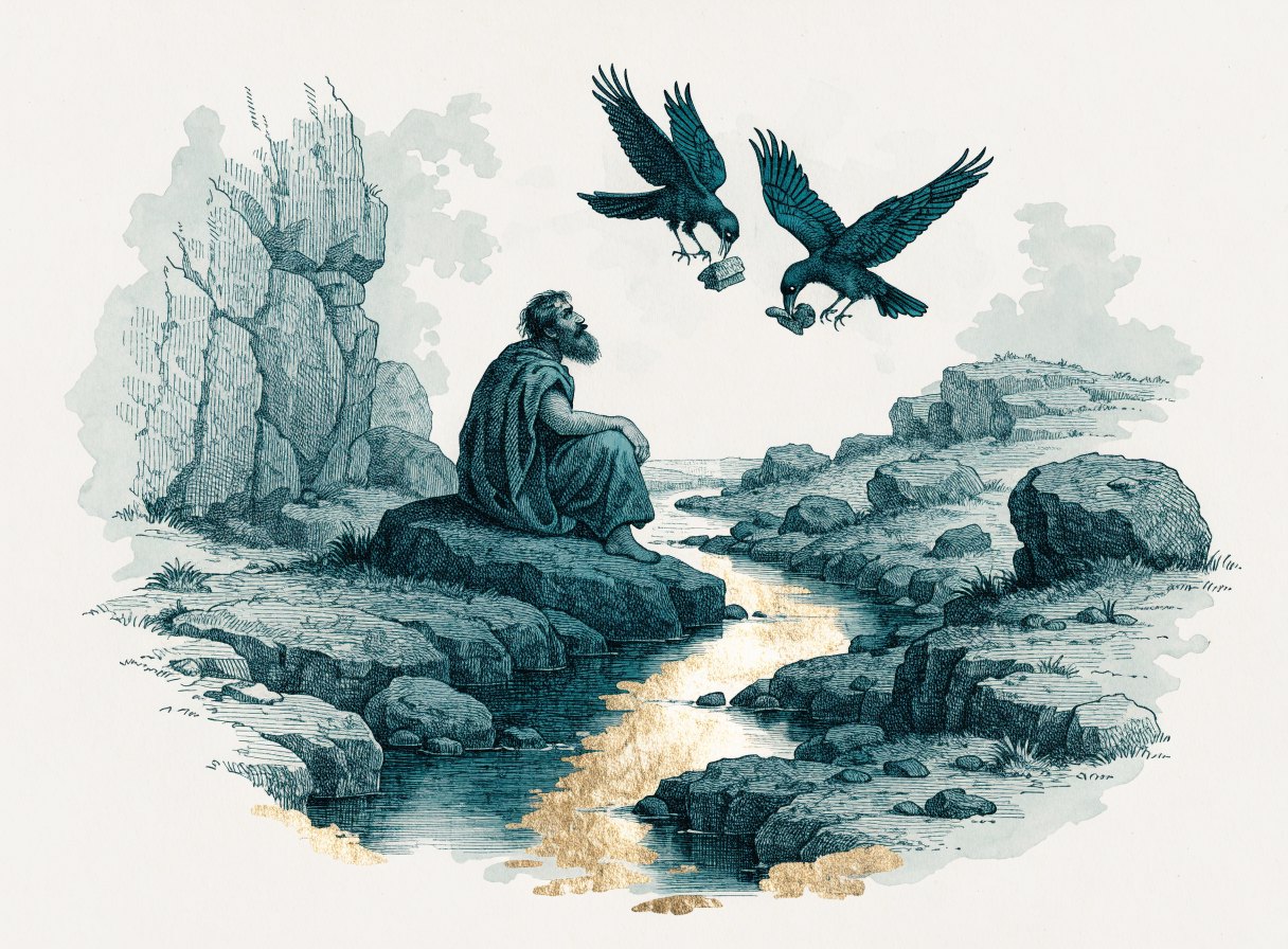 A prophet in a rough cloak sits on a rock beside a small brook while two ravens fly down to him carrying food