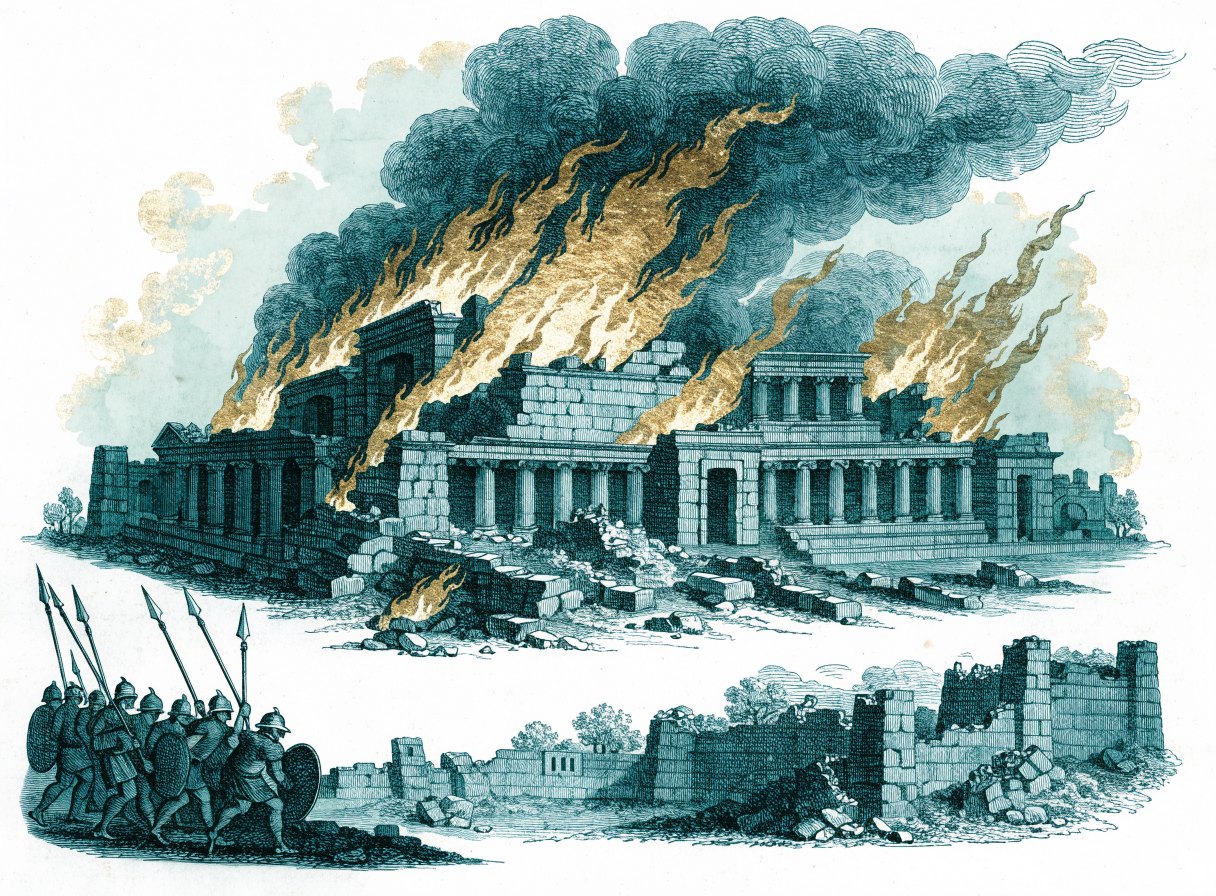 A great stone temple burns, flames and dark smoke pouring into the sky, while soldiers with spears march past broken city walls