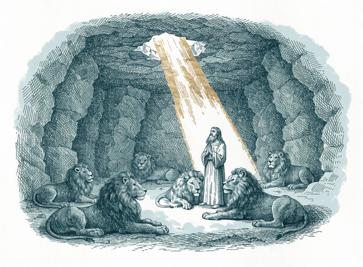 An older bearded man stands calmly in prayer in a stone den lit by a shaft of light from above, with lions lying quietly around him