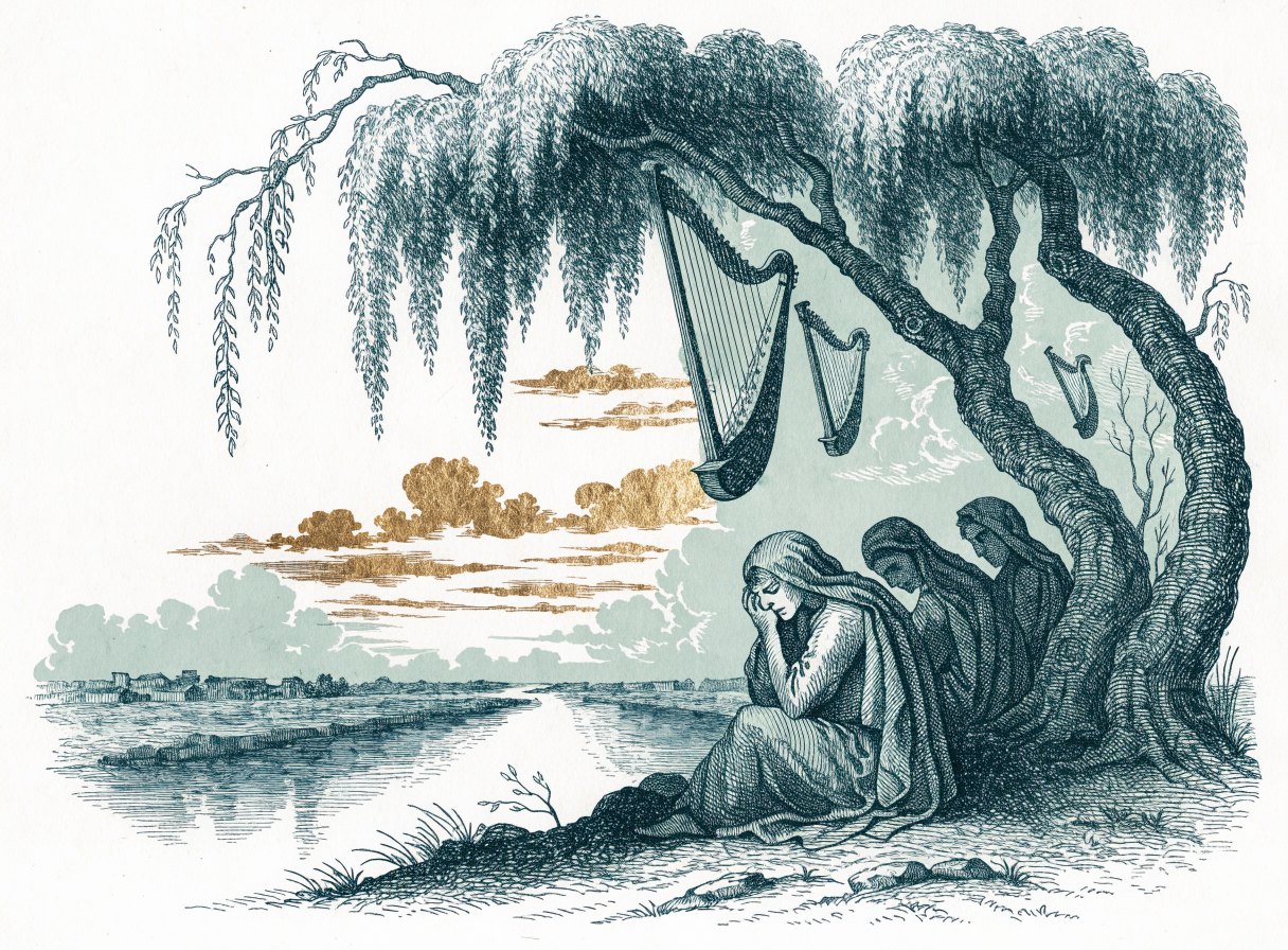 Grieving exiles sit under willow trees on a riverbank in a flat land, with harps hanging silent in the branches