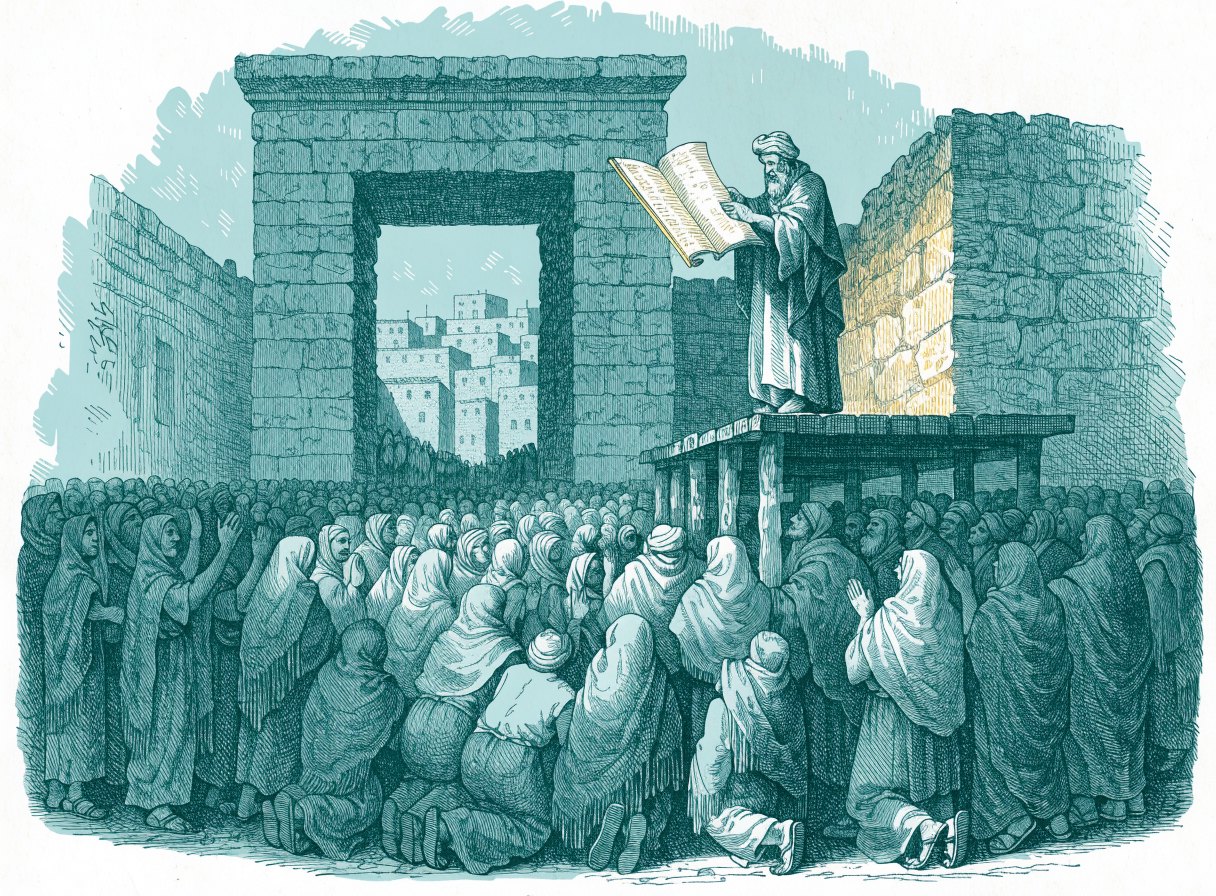 An old bearded scribe stands on a wooden platform before an ancient stone gate reading from an open book to a great crowd, some kneeling and some lifting their hands