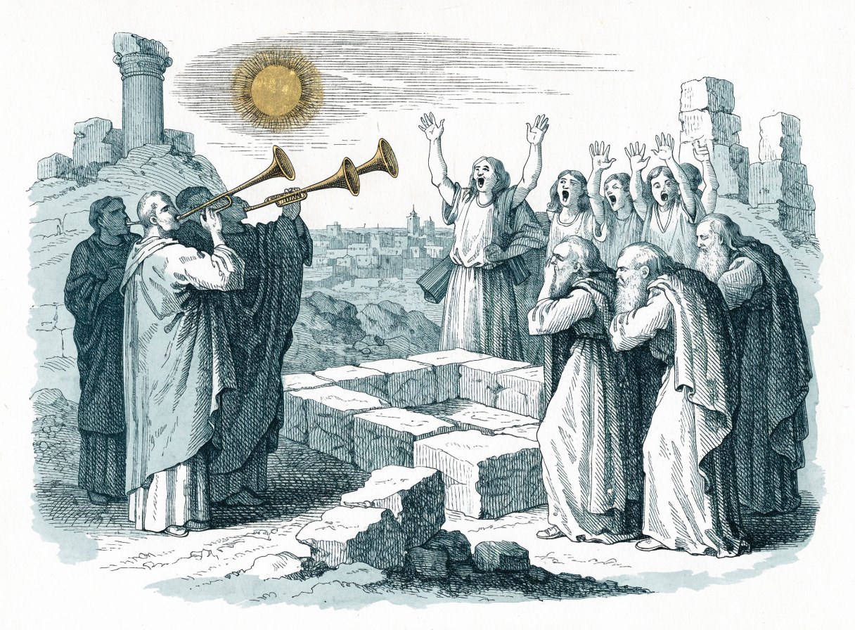 Among ruins on a hilltop, priests blow trumpets over a newly laid stone foundation while young people shout for joy and old men weep into their hands