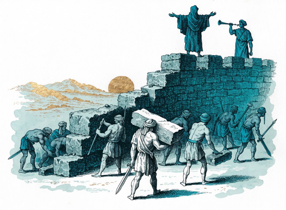 Workers rebuild a stone city wall, carrying stones in one hand and swords in the other, while a leader and a trumpeter stand on top of the wall