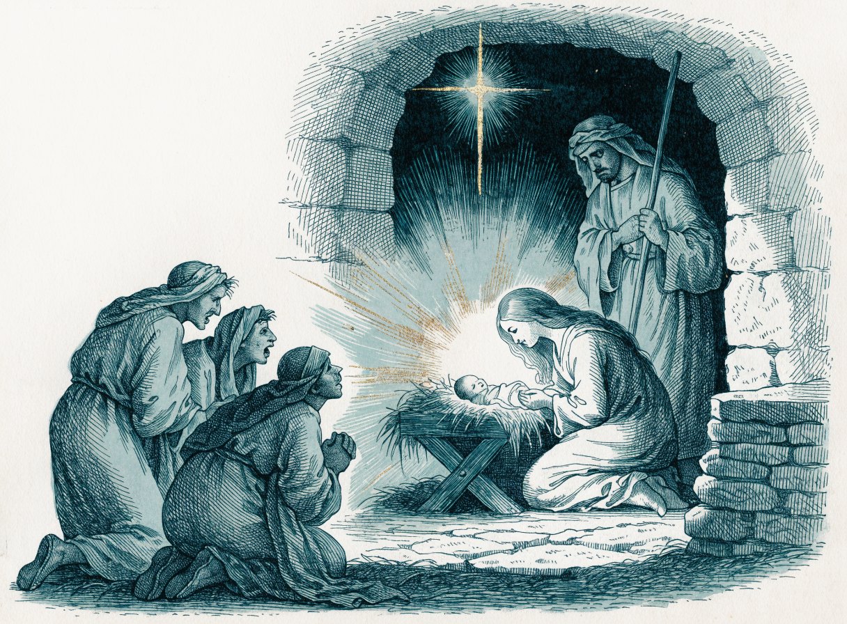 In a stone stable at night, a young mother kneels beside her newborn baby in a manger while her husband stands with a staff and shepherds kneel in wonder