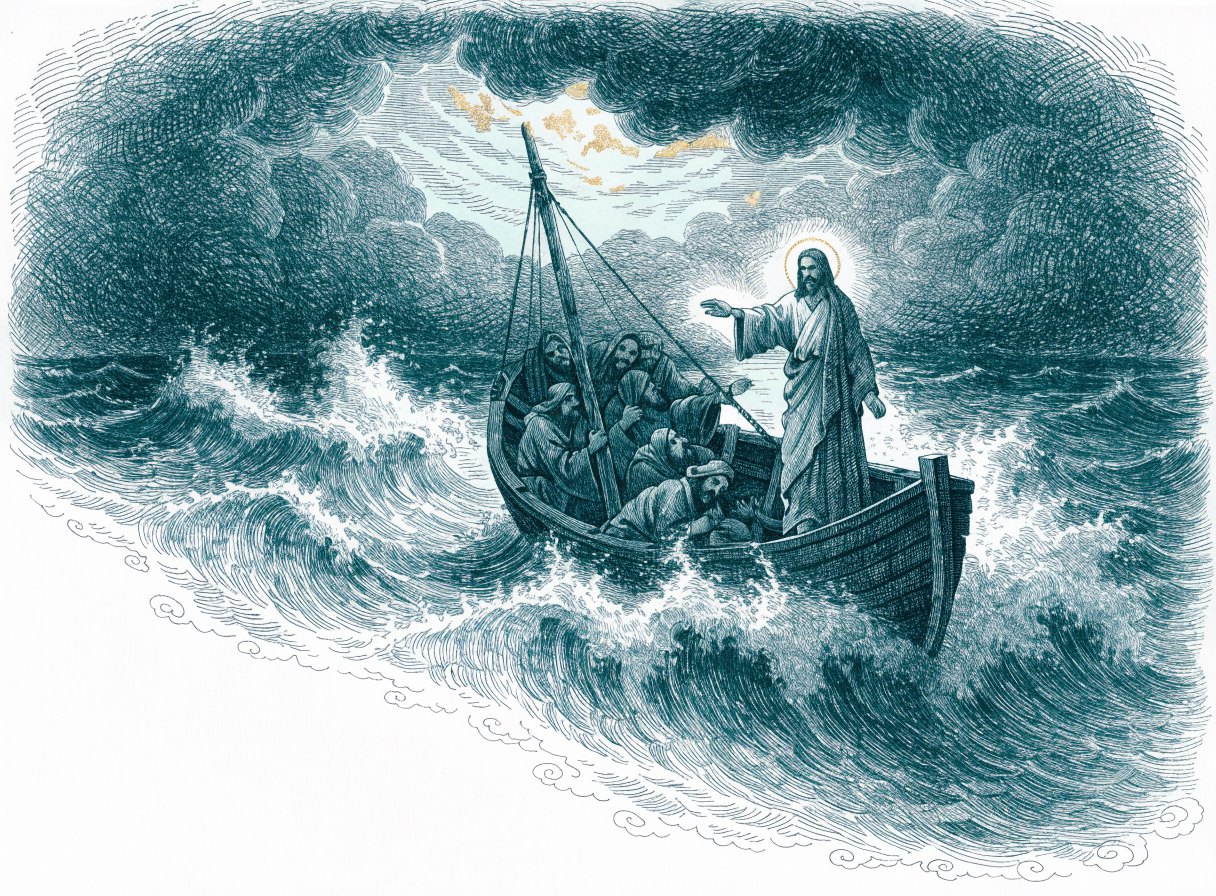 In a small boat tossed by huge waves, frightened disciples cling to the boat while Jesus stands with his hand stretched out over the waters