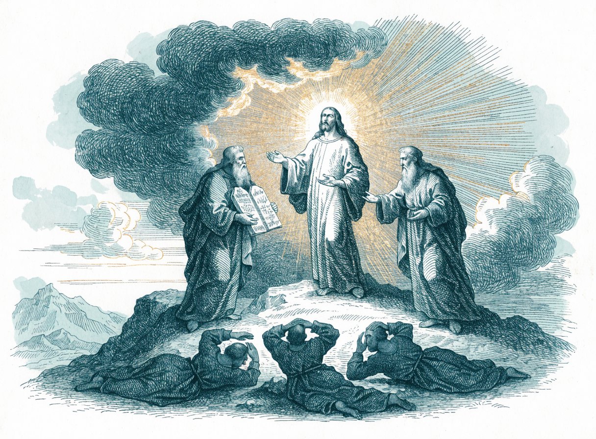 On a mountaintop, Jesus stands shining with light between two bearded prophets, one holding stone tablets, while three disciples lie on the ground below