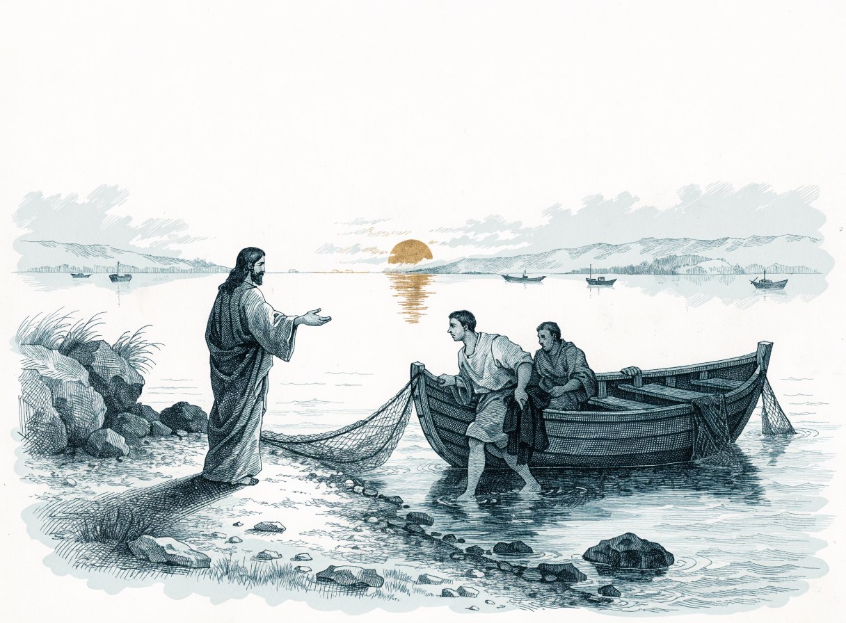 Jesus stands on a lakeshore at sunrise beckoning to two fishermen beside their boat and nets