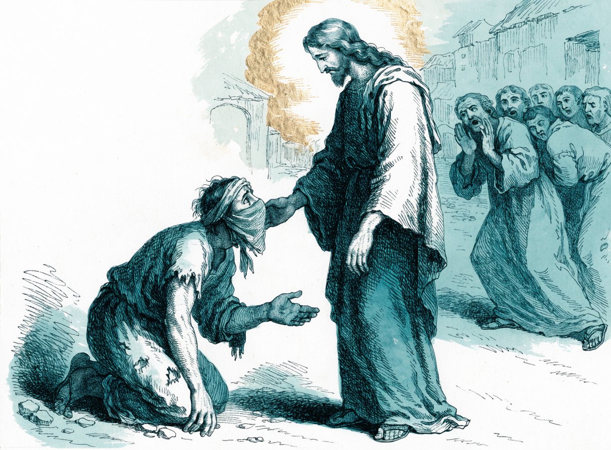 Jesus reaches down and touches a kneeling man with a cloth over his face and torn clothes while onlookers recoil