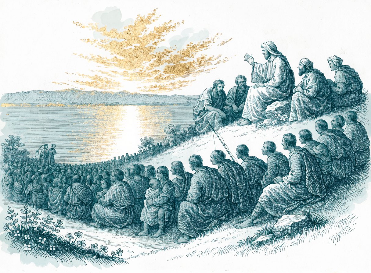 Jesus sits teaching on a grassy hillside above a lake while his disciples sit near him and a great crowd of ordinary people listens on the slope
