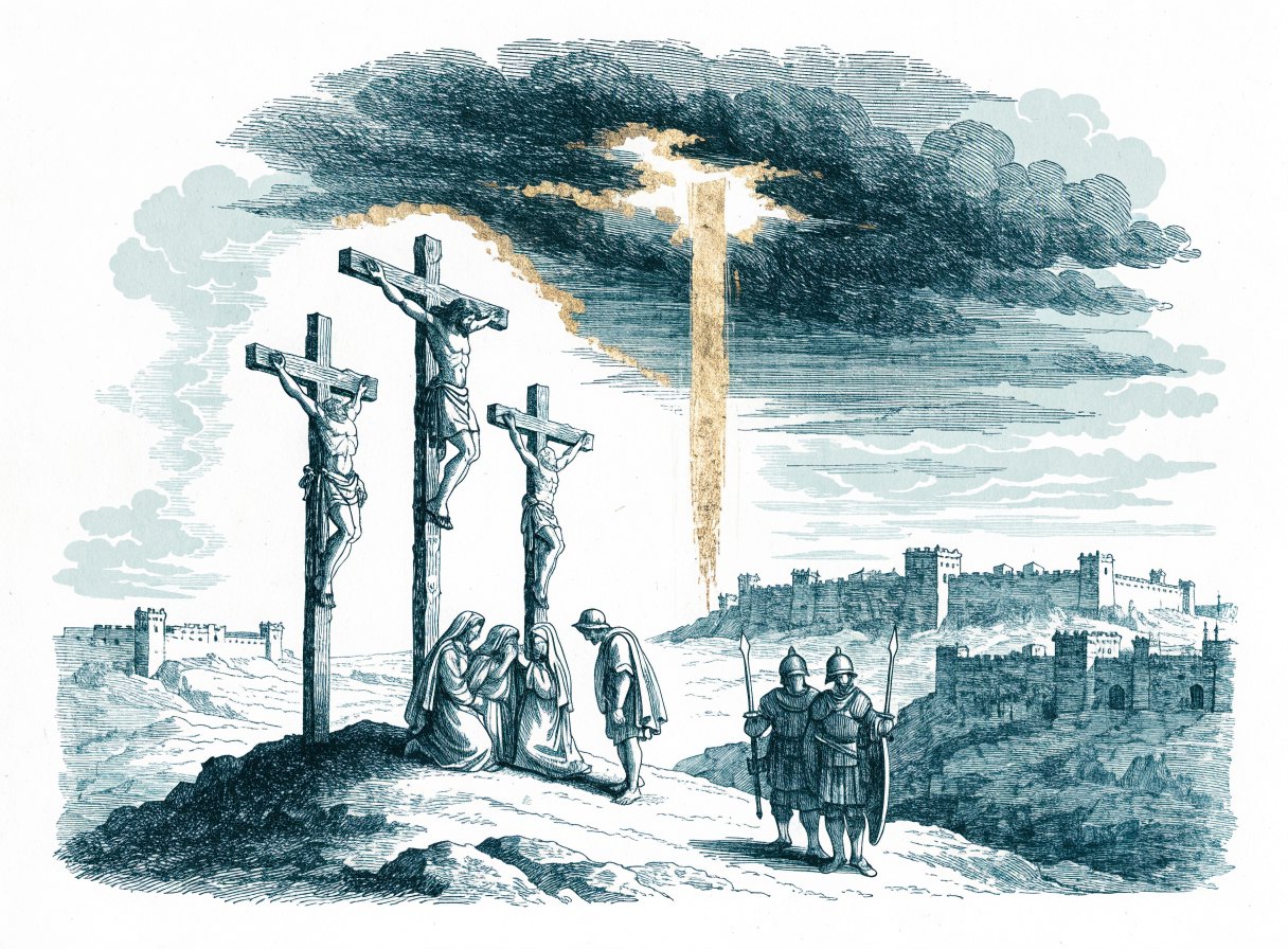 Three crosses on a hill outside an ancient walled city under a dark sky, with a shaft of light falling on the center cross, grieving women at its foot and soldiers standing nearby