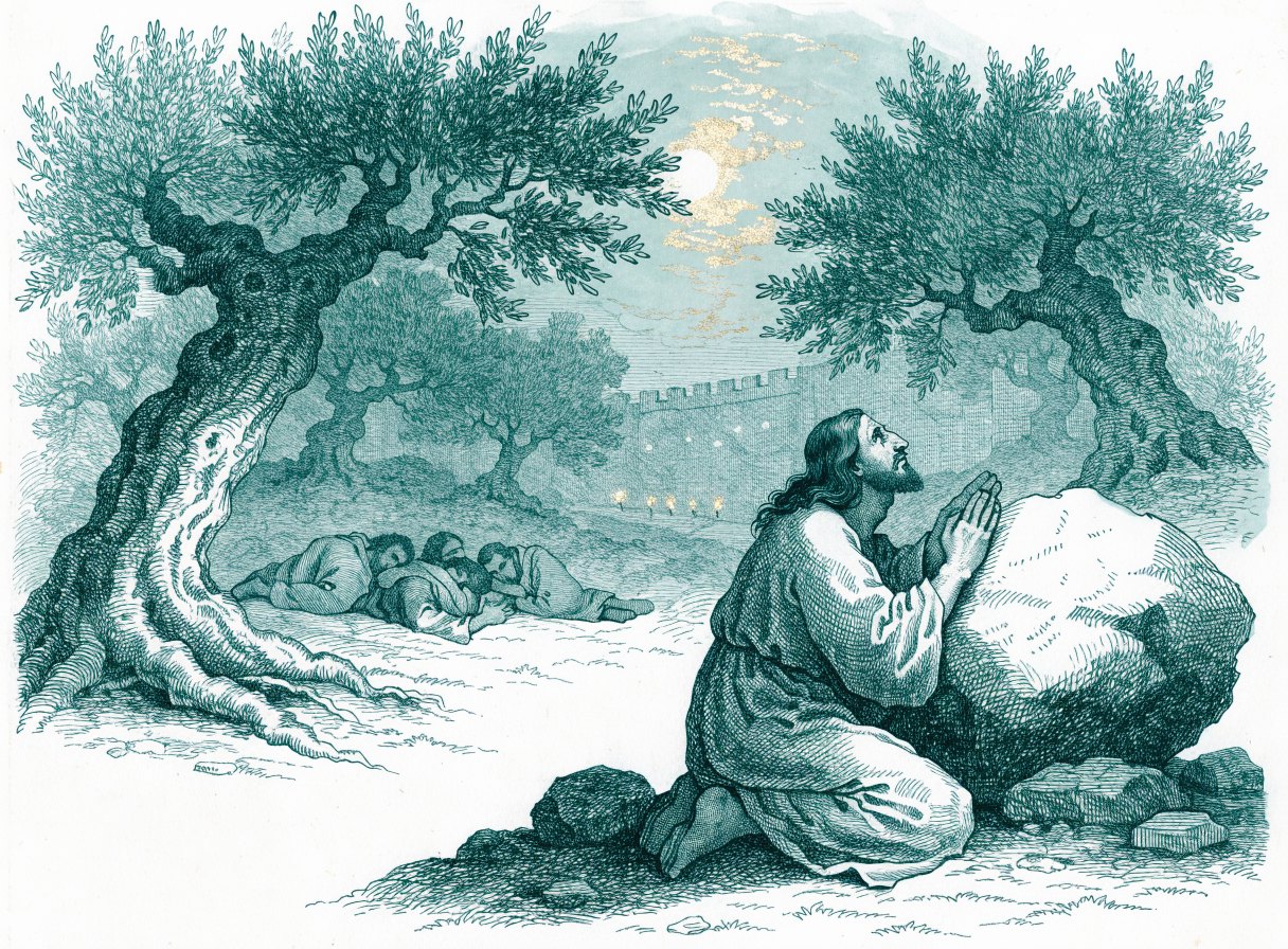 At night in an olive grove, Jesus kneels beside a large rock praying while three disciples sleep in the background and torches approach from the city