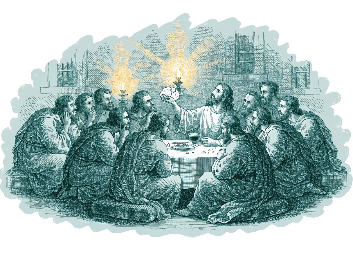 Jesus at a low table with his twelve disciples, lifting a broken loaf of bread, with a cup before him and oil lamps glowing