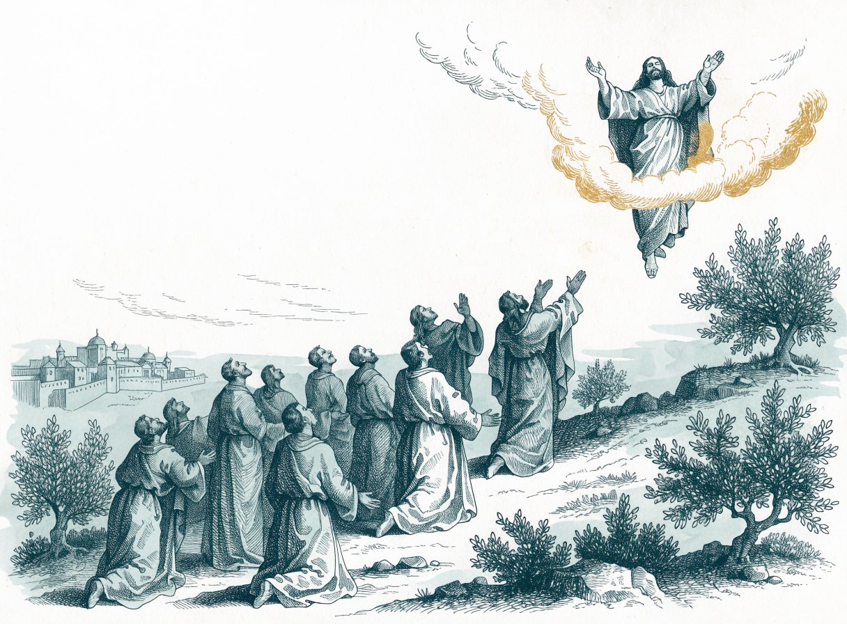 On a hilltop with olive trees and a distant city, the disciples kneel and gaze upward as Jesus rises into the sky on a bright cloud with his hands raised