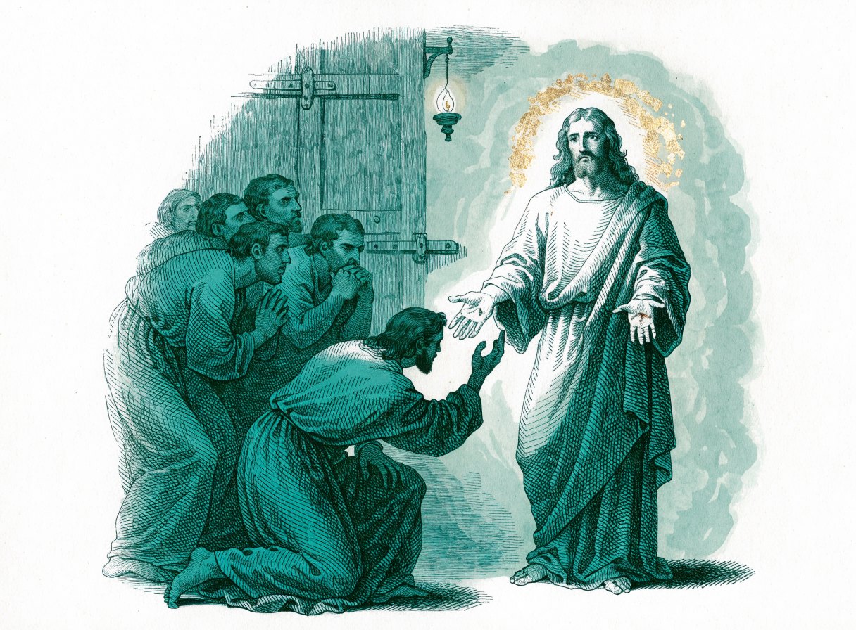 In a room with a bolted door, the risen Jesus holds out his hands while a disciple kneels and reaches toward them and others watch