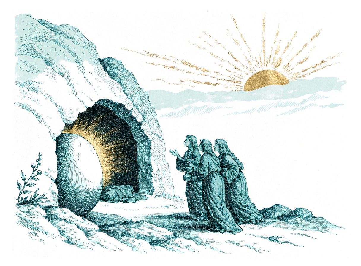 At sunrise, a rock-cut tomb stands open with its round stone rolled away and light streaming from inside, while three women carrying jars stand amazed