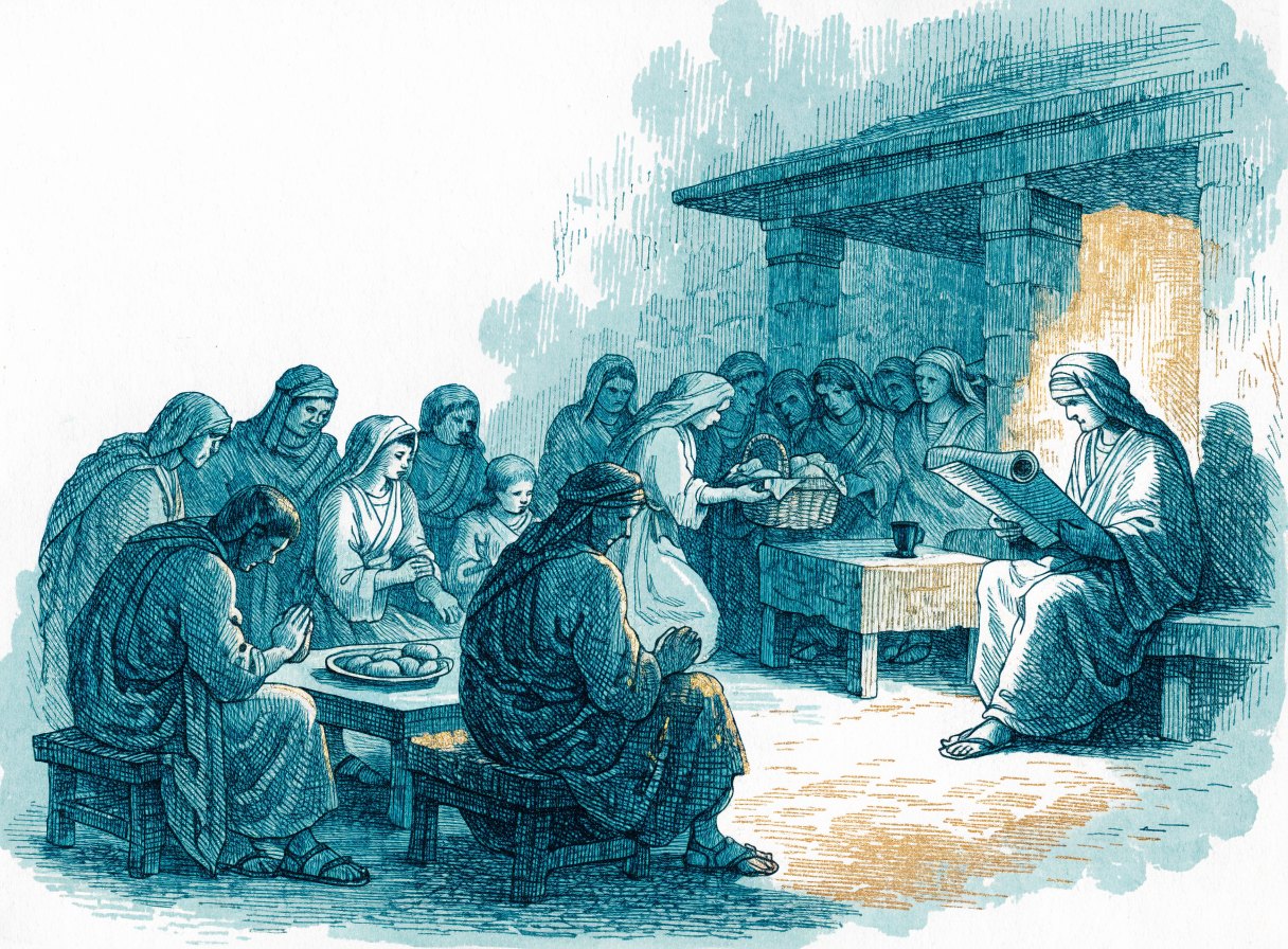 In the courtyard of a simple home, a mixed group of believers sit together around low tables sharing bread, praying, and listening as a man reads from a scroll
