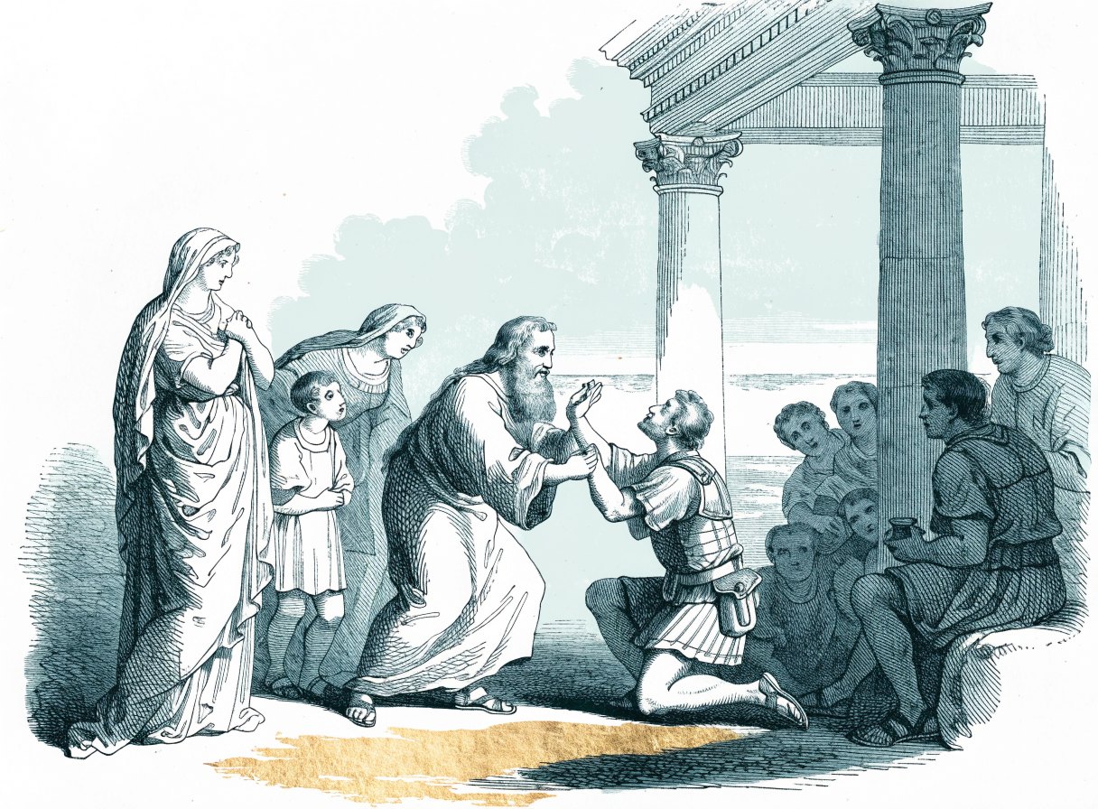 In the courtyard of a Roman house with columns, the bearded apostle Peter raises a kneeling Roman soldier while the soldier's family looks on