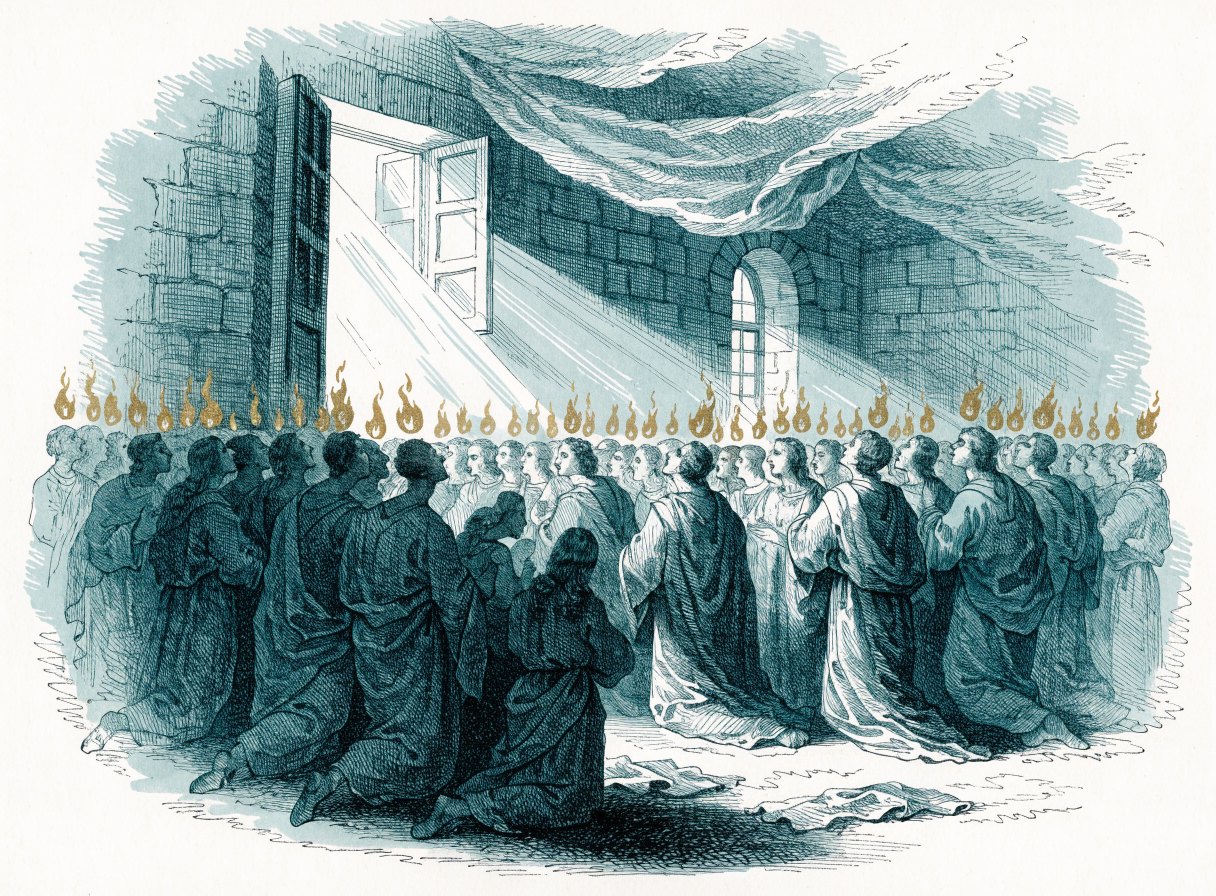In a stone upper room with light pouring through the windows, a crowd of men and women stand and kneel with small flames resting above their heads