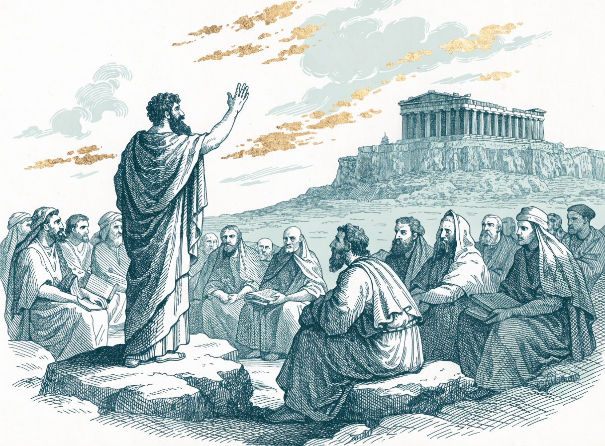 On a rocky hill with the Parthenon in the distance, a bearded man in a cloak stands with his arm raised, speaking to a seated crowd of robed men