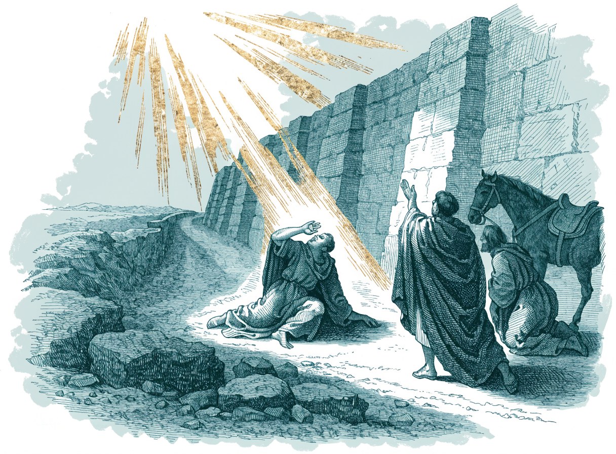 On a rocky road outside a walled city, a traveler has fallen to the ground under a blinding light from the sky while his companions and a horse stand back in alarm