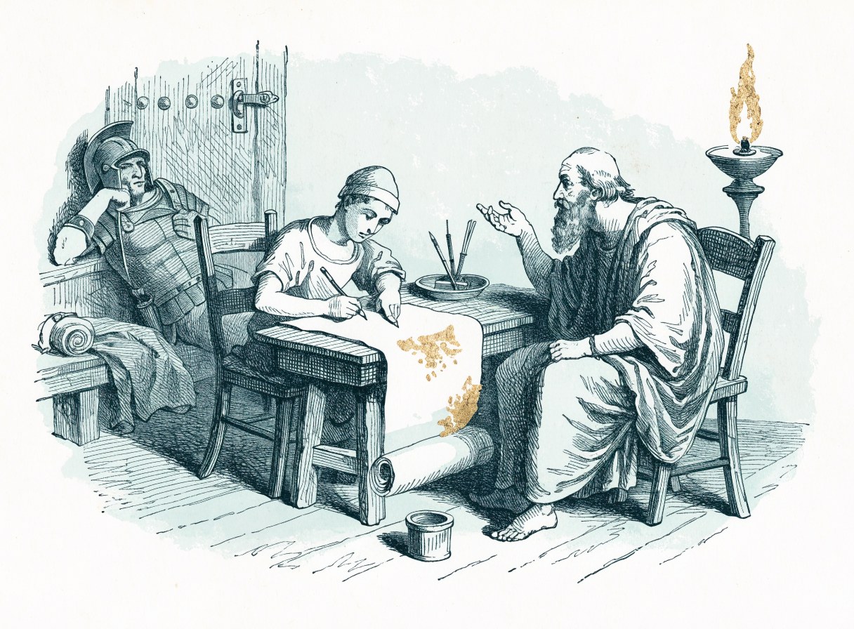 In a plain room, an older bearded man with a chain on his wrist dictates while a young scribe writes on a long scroll, a Roman soldier resting by the door and an oil lamp burning