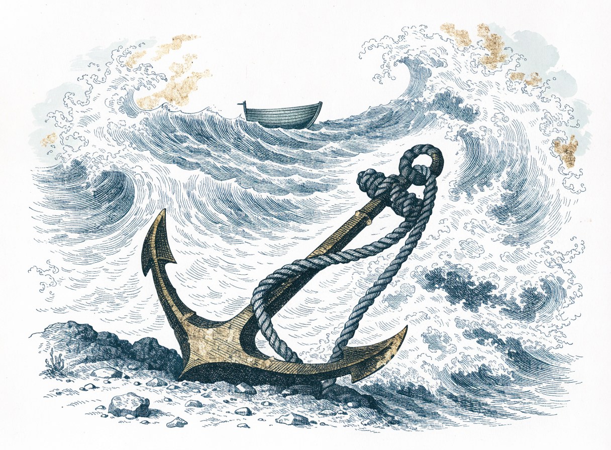 An ancient iron anchor with a heavy rope set firmly in the rocky seabed beneath crashing waves, a small boat riding the storm above it