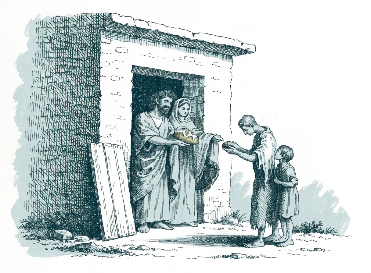 At the doorway of a flat-roofed mud-brick house, a man and his wife hand a loaf of bread to a thin, poorly clothed traveler and his child